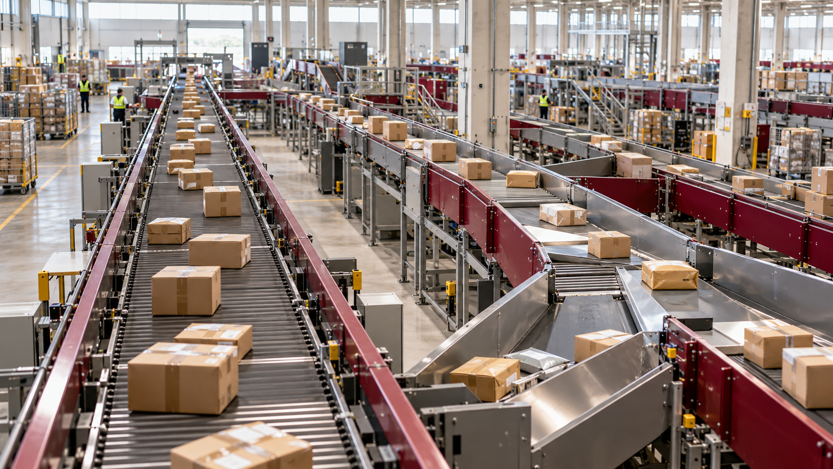Transport express international : colis en cours de tri sur des convoyeurs dans un centre logistique