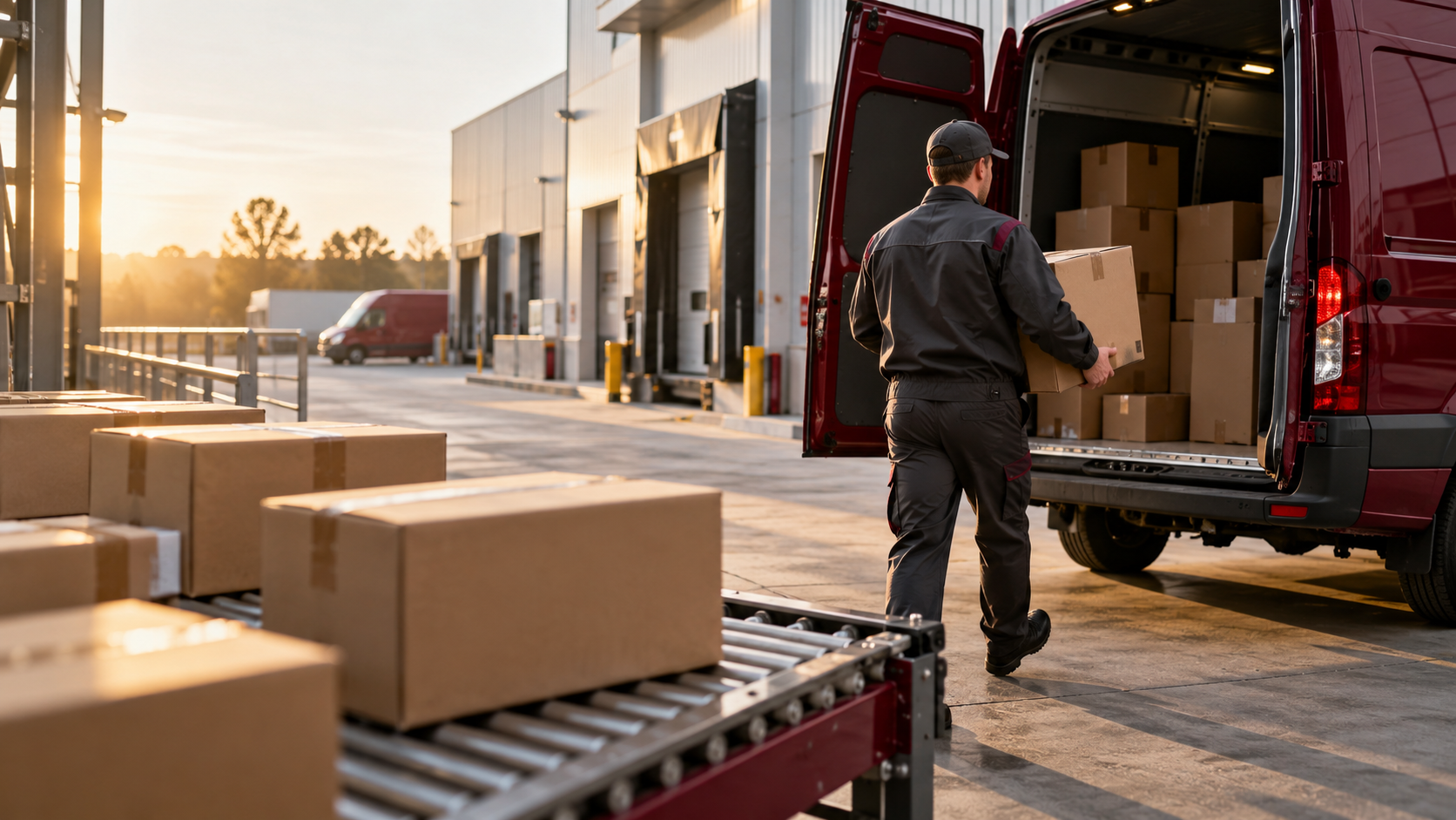 Transport routier en Bretagne : chargement de colis dans un utilitaire sur un quai logistique