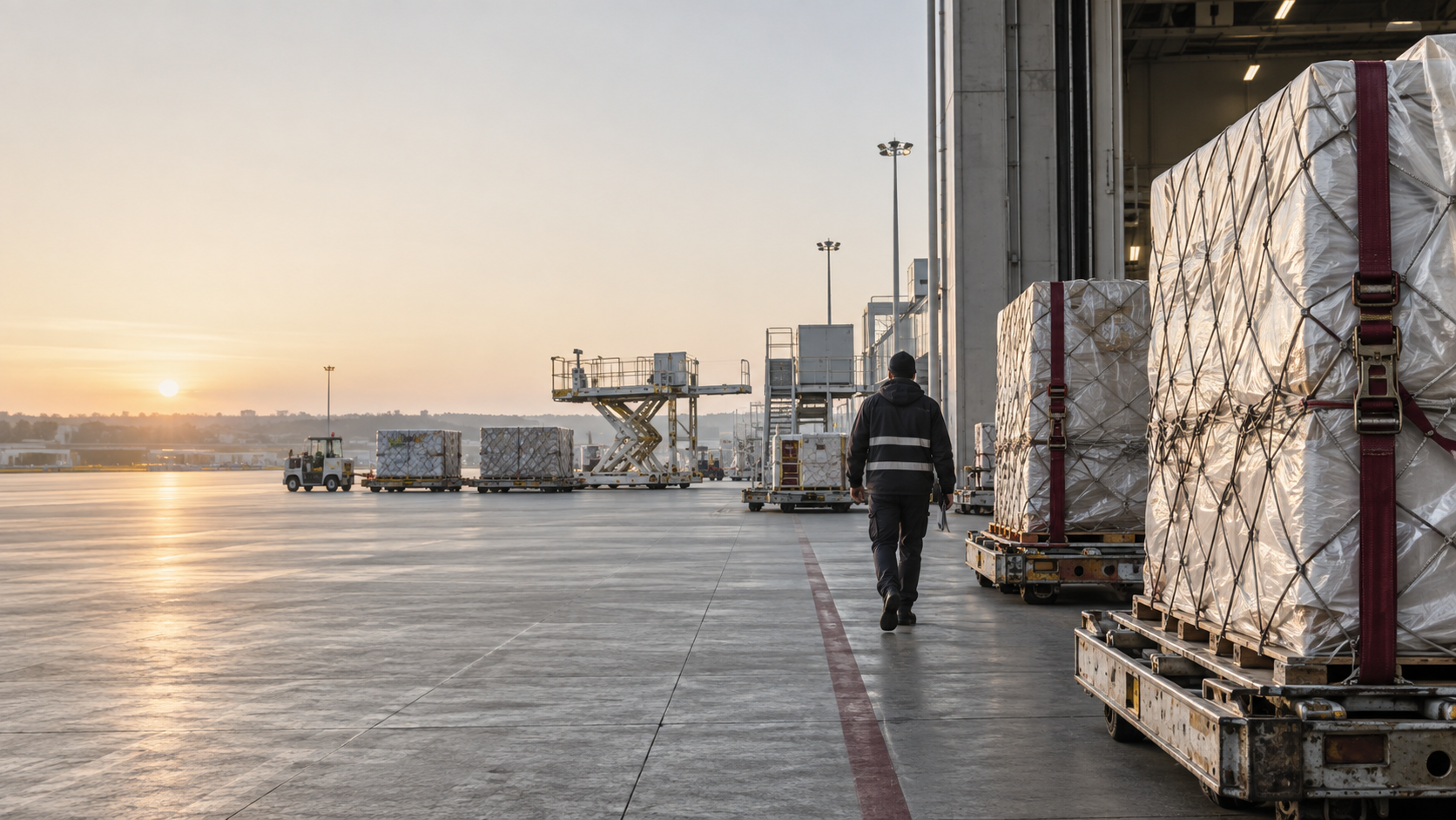 Fret aérien international : palettes de marchandises prêtes au chargement sur une aire de trafic aéroportuaire
