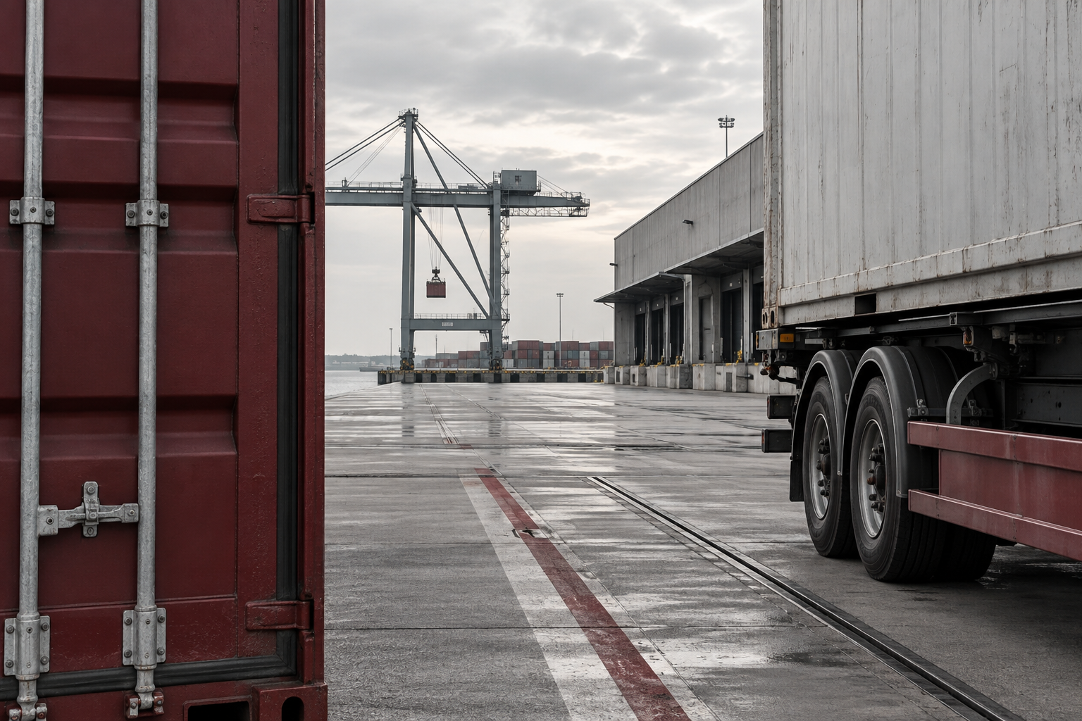 Fret maritime FCL / LCL : terminal portuaire avec conteneur, portique et semi-remorque à quai